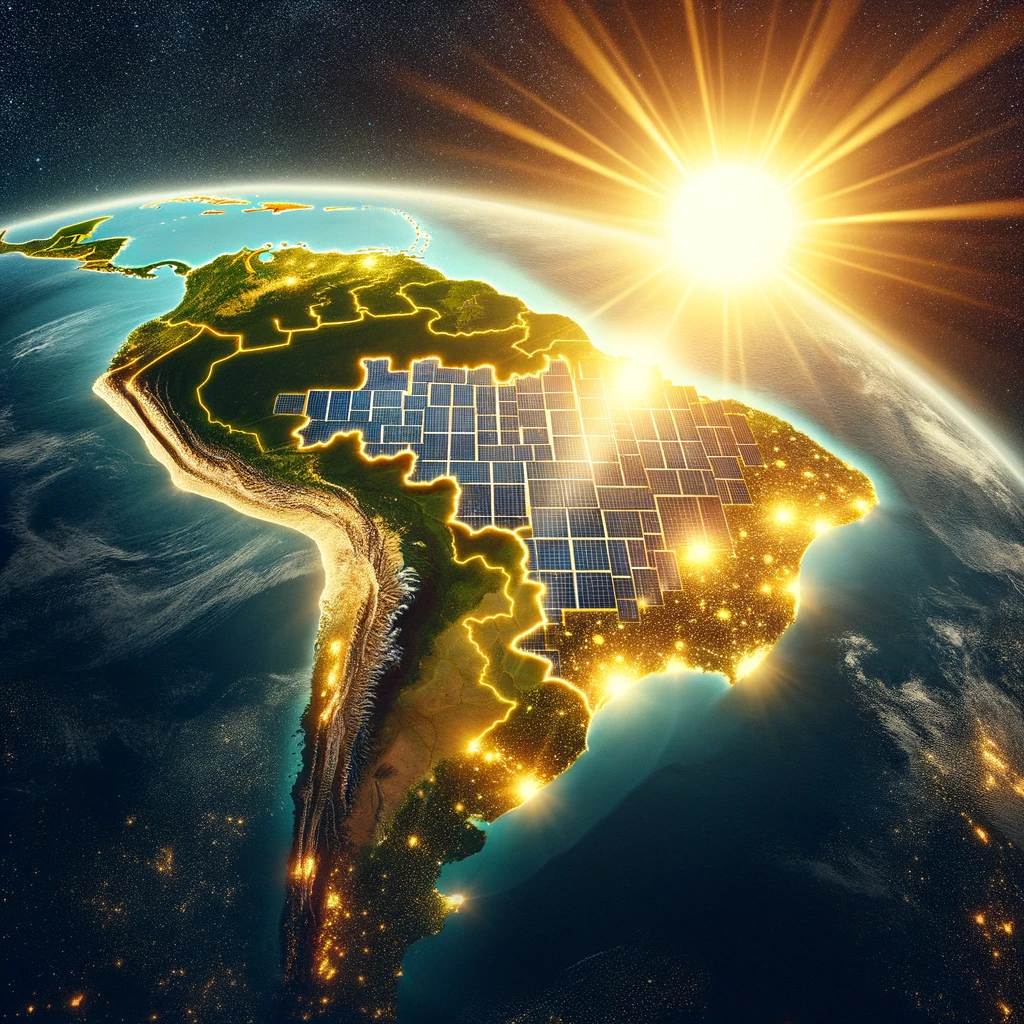 Conceito de Energia Solar - DALL·E 2024-03-21 17.27.03 - Create an image showcasing the map of Brazil from a space perspective, where the country is vividly illuminated by a bright and clear sun. The solar p